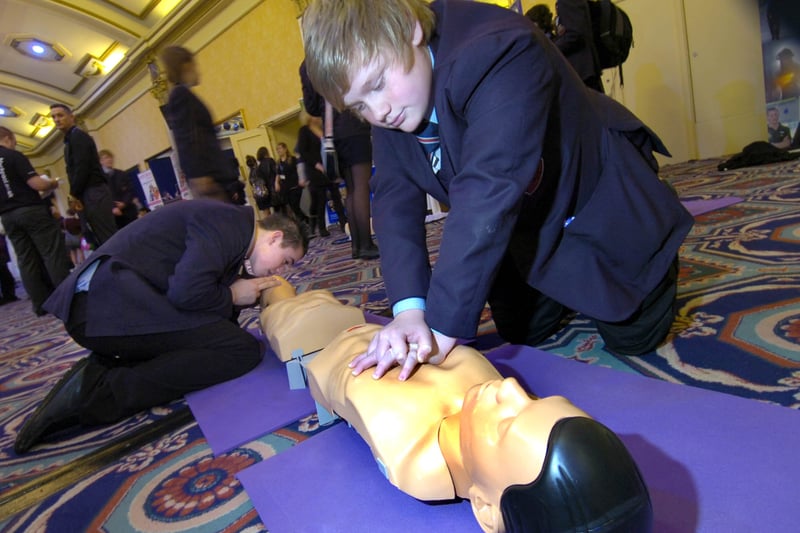 Year 9 students from high schools across the area were introduced to over 50 local employers from a range of industries, in order to gain an understanding of what working life is like and the different career options and routes available. St Bede's students Brad Green and Jack Bradley learn about resuscitation on the Blackpool and Fylde College stand, 2011