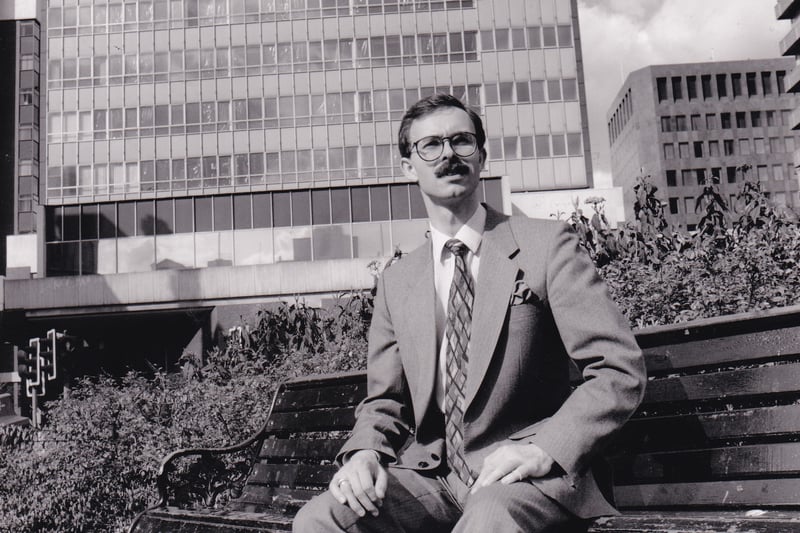 This is commericial property lawyer Nicholas Crocker in front of the Norwich Union building in April 1993. He was worried new property laws cpould affect the demolition and redevelop ment of sites such as this and increase rents