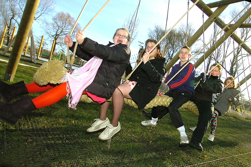 Pupils of Park School (Blackpool) trying out the new adventure playground at Stanley Park, Blackpool. From left,  Bethany Kidd, Rebecca Huskinson, Kyle Bradshaw, Macaulay Burnett and Elesia Pendergest