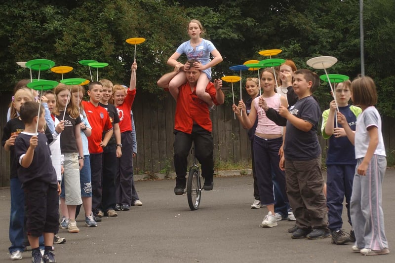 What could be better than a day of learning circus skills.
It happened at All Saints Hall in Penshaw in July 2003.