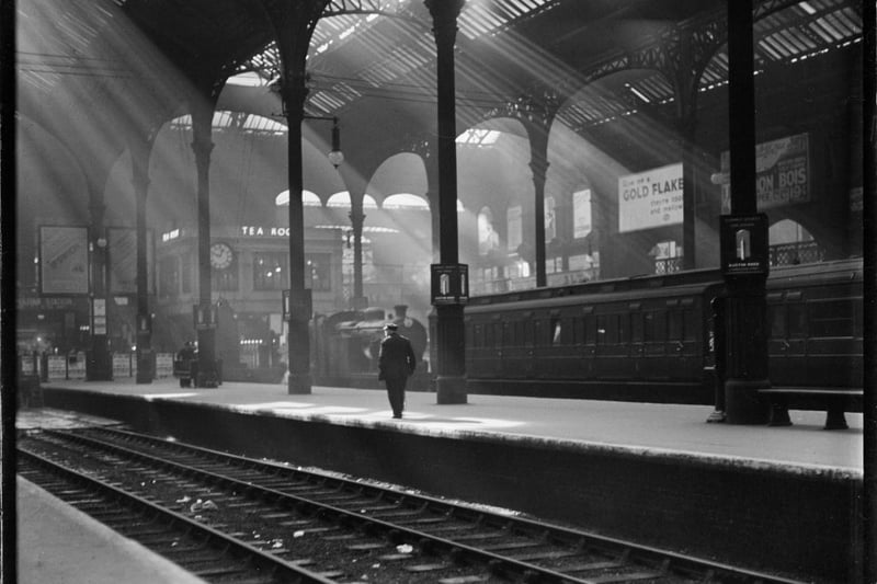 A view across the train shed at Liverpool Street Station. Artist Charles William Prickett. (Photo by Historic England Archive/Heritage Images via Getty Images)