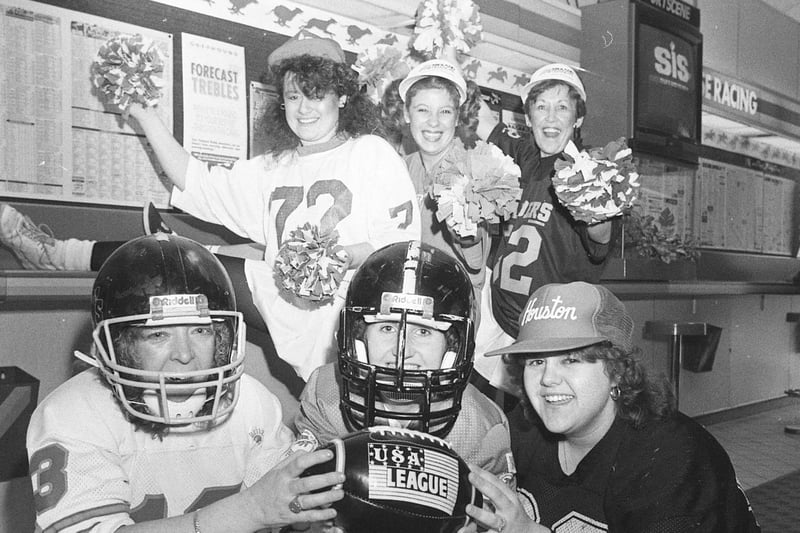 Staff from the Crowtree Road branch were in the mood for the Superbowl in 1990.
Pictured, left to right, front are: Ann Allan; Carolyn McCabe; Jane Fisher, and back: Andrea Maw; Sharron Tough and Margaret Robson