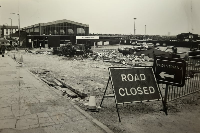 The caption on the back of this photo says 'The latest phase of Blackpool's 'jambuster' traffic scheme continues with the closure of the access to the North Railway Station from Talbot Road'