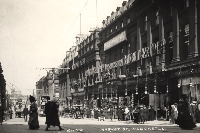  The photograph shows Market street looking towards Pilgrim street. Bainbridges department Store is pictured on the right hand side.