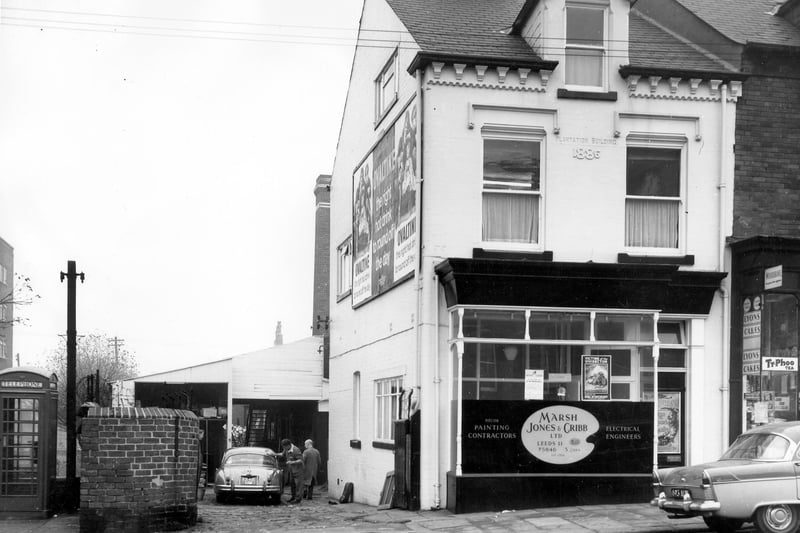 Plantation Building (1886) the home of Marsh Jones & Cribb Ltd, painting contractors and electrical engineers, on Beeston Road in October 1963. The grocers next door at number 103 is advertising Lyons cakes, Woodbine cigarette's and Typhoo tea. Just off the photo to the left is Shaftesbury House hostel.