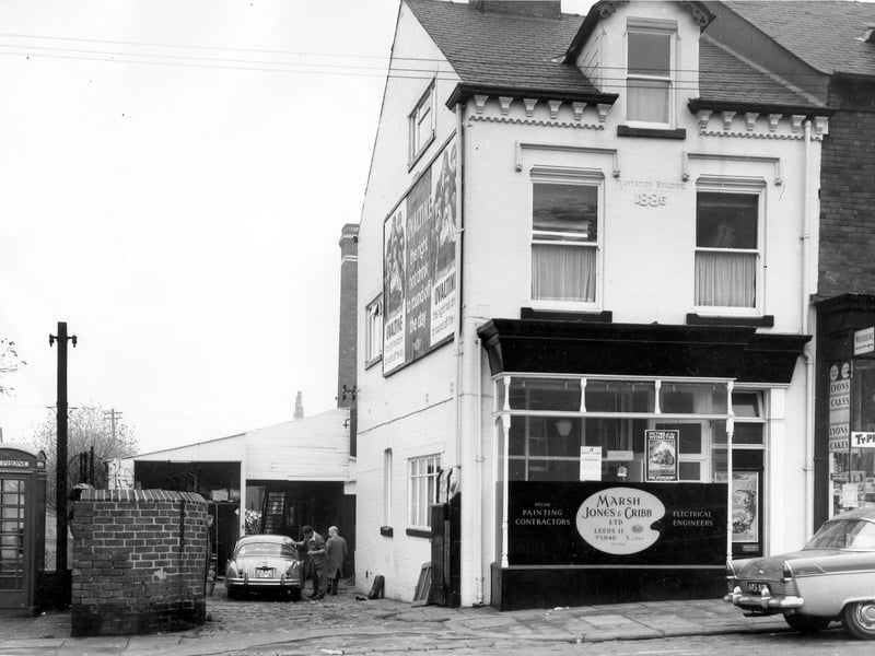 Plantation Building (1886) the home of Marsh Jones & Cribb Ltd, painting contractors and electrical engineers, on Beeston Road in October 1963. The grocers next door at number 103 is advertising Lyons cakes, Woodbine cigarette's and Typhoo tea. Just off the photo to the left is Shaftesbury House hostel.