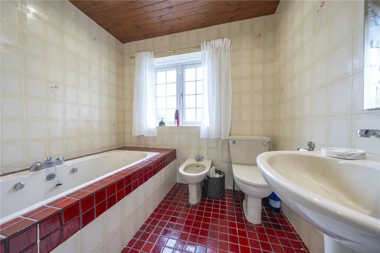 The house bathroom features a bathtub with red tiles.