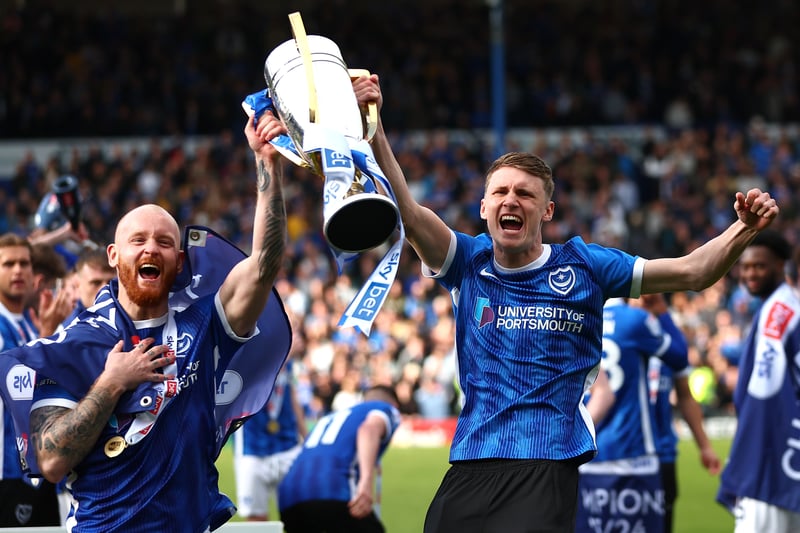 Connor Ogilvie and Owen Moxon celebrate with the League One championship trophy