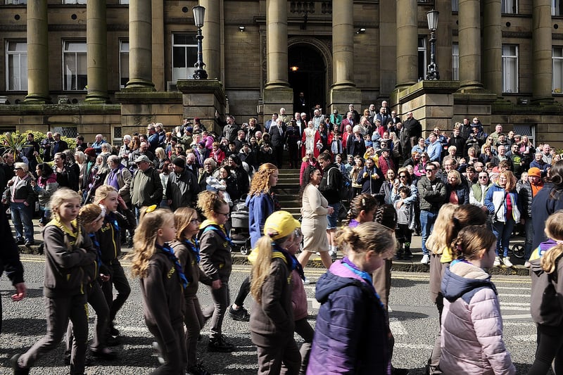 A good crowd at  Morley Town Hall as the procession sets off.