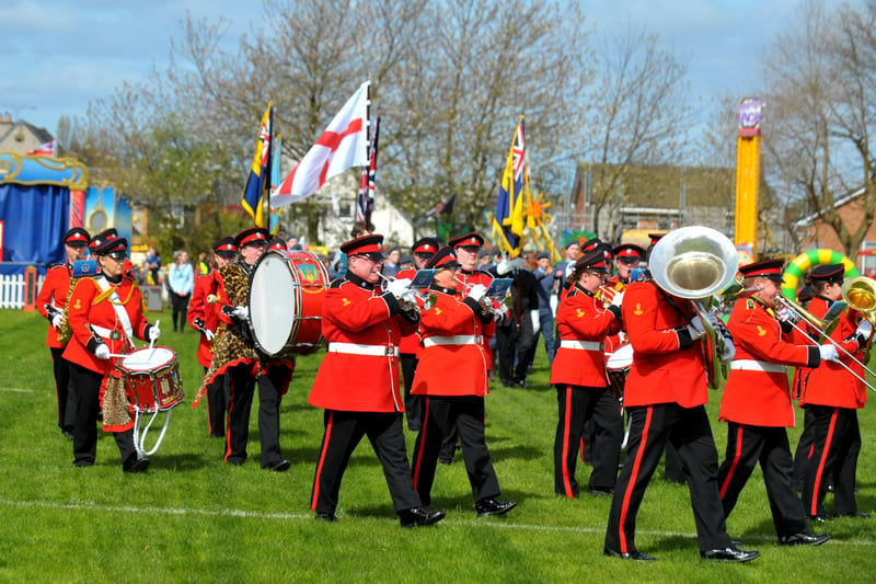 The West Yorkshire Fire and Rerscue  Service band lead the parade onto Morley Rugby ground.