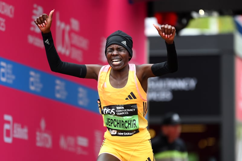The Kenyan long-distance runner won the elite women’s race with a women's only world-record time of two hours 16 minutes and 16 seconds.