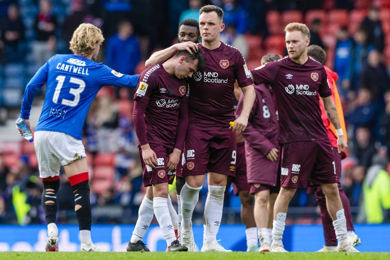 Todd Cantwell over with the Hearts players as they looked to console youngster Macaulay Tait