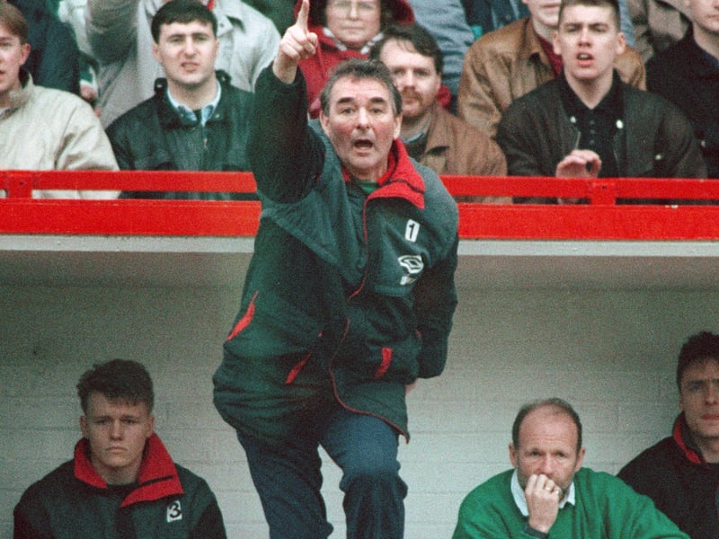 Brian Clough barking instructions to his players a the City Ground in January 1991 
