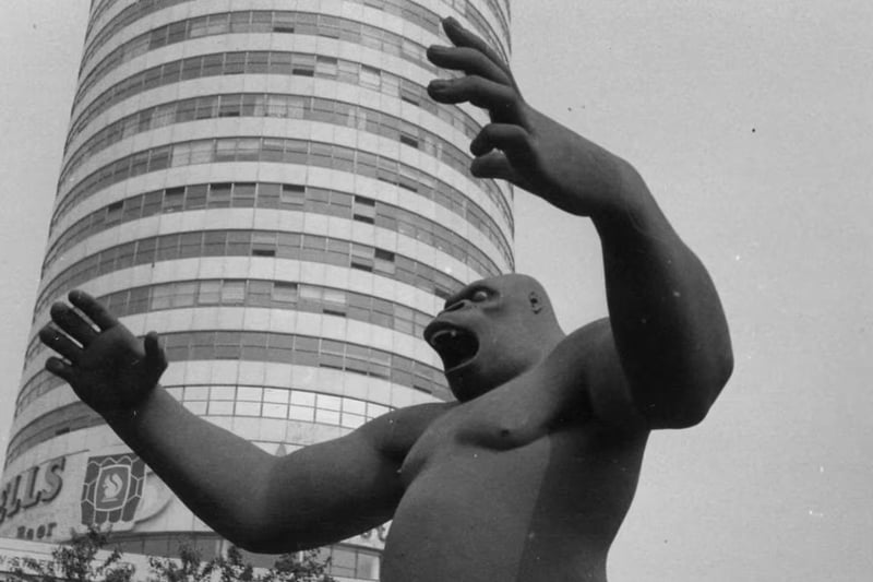 King Kong made his first appearance in Brum 52 years ago - back in 1972 - when renowned sculptor Nicholas Monro created a statue in his image which was put on display in the then Manzoni Gardens next to the Bull Ring.
The giant black painted fibreglass model attracted huge attention. It was commissioned by the Peter Stuyvesant Foundation for Public Places Scheme in partnership with the Arts Council and was due to be displayed for four months.
Two months in, it was ‘occupied’ by ‘flying pickets’ who were protesting about low wages in the building industry. They sat on the shoulders of the King Kong statue and hung a banner from its neck reading: “King Kong says nothing less than £30 for 35 hours and up your T.P.I.”
Birmingham City Council was offered an opportunity to buy the statue at a reduced rate of £2,000 - but declined. 