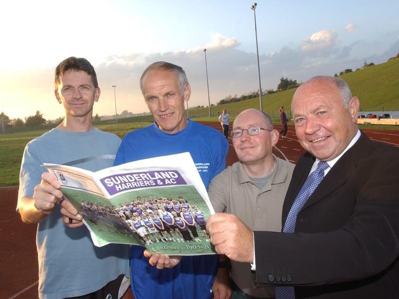 Sunderland Harriers officials - Michael Hill, Kevin Car, Les Arnott and George Cockburn - celebrating 100 years of the club in 2005.