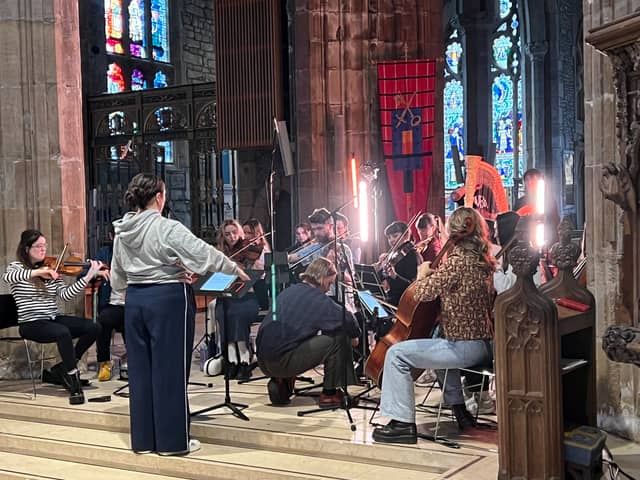 Paradox Orchestra rehearsing at Sheffield Cathedral, ahead of two charity concerts in May and July playing the songs of Pink Floyd and Fleetwood Mac.