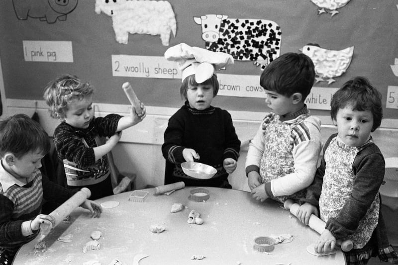 The rolling pins are out and these youngsters were making pancakes at Dubmire School in February 1980.