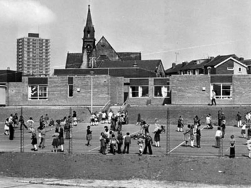 Children in the playground of Pye Bank CE Primary School, Andover Street, Sheffield, in May 1977