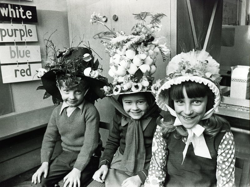 The three winners in an Easter bonnet competition, held at Porter Brook School, are seen wearing their creations in March 1975. From left are Keith Williams, Jane Smith and Lorraine Johnson