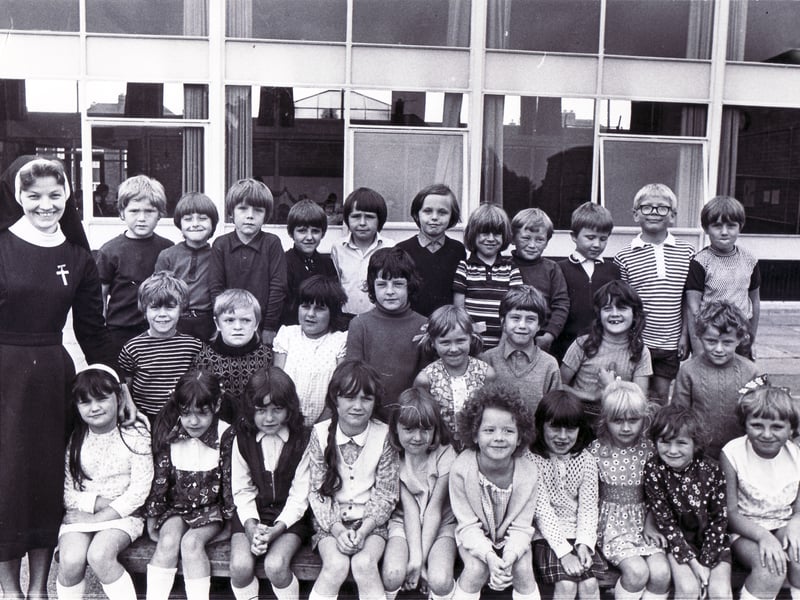 Sister Nativity and her class at St Patrick's RC Junior & Infants School, Sheffield Lane Top, in July 1973