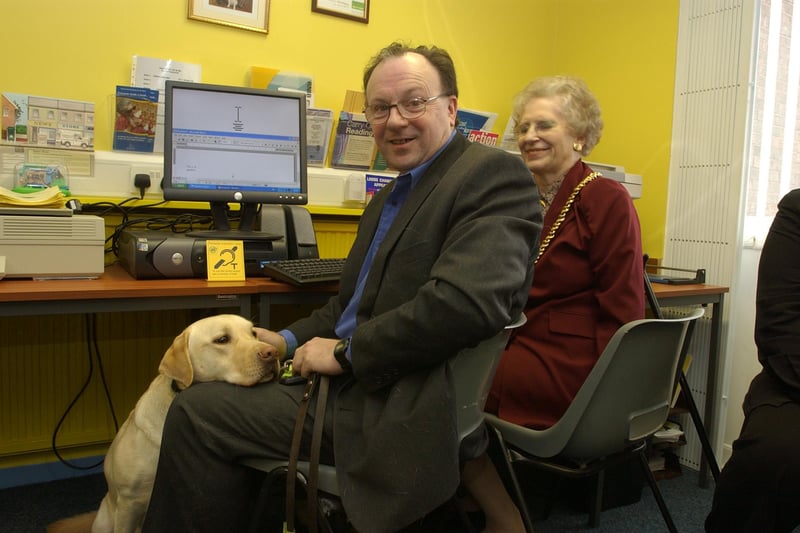 The Mayor of Durham Coun Mary Hawgood met David Wilkinson and his guide dog Tansey on a visit to a resource centre in March 2005.