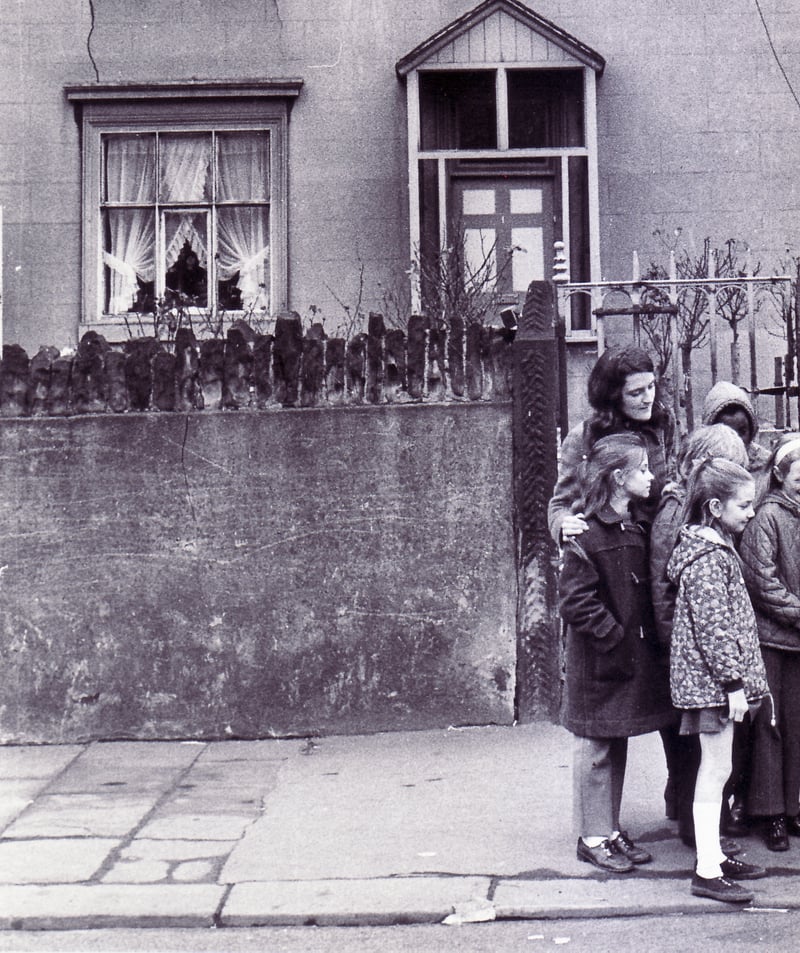 Lowfield Junior School pupils outside the White House on Bramall Lane, Sheffield, which they were attempting to save from demolition, in February 1973. With them are teacher Dorothy Dromgoole and headteacher Christopher Rosling