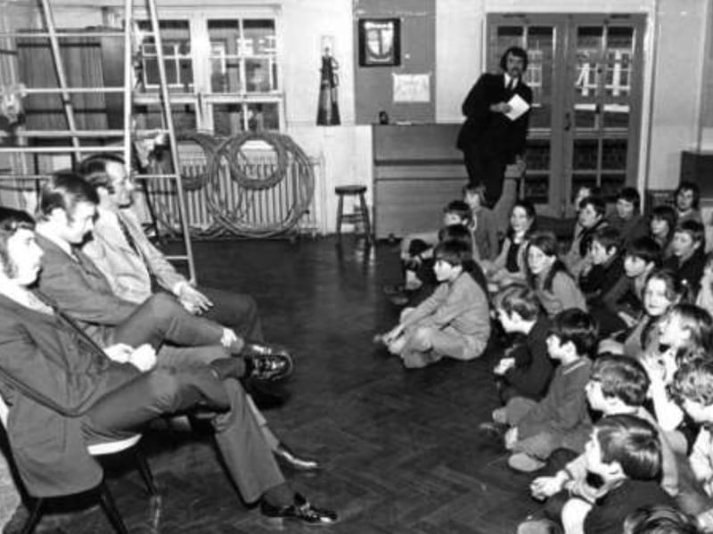 Players from Sheffield Wednesday visit Wisewood Primary School, in Wadsley, Sheffield, in January 1971