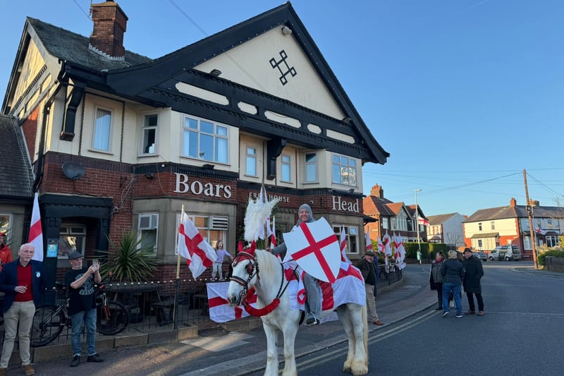 Landlord Christopher Bracegirdle made a grand appearance at the pub on Preston Old Road by dressing up as Saint George and riding into the establishment on a horse. 