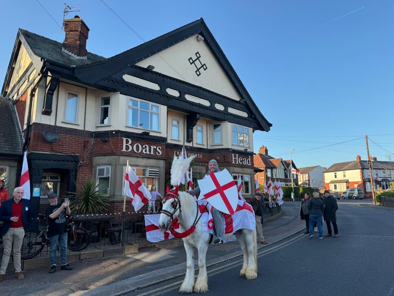 Landlord Christopher Bracegirdle made a grand appearance at the pub on Preston Old Road by dressing up as Saint George and riding into the establishment on a horse. 