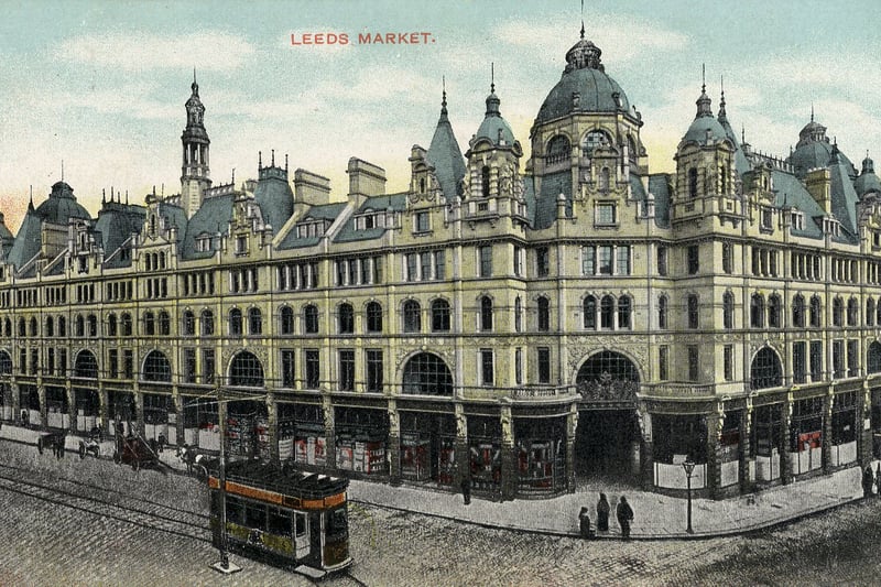 The front of Kirkgate Market facing onto Vicar Lane, left, and Kirkgate, right). This indooor market was designed by John and Joseph Leeming of Halifax and opened on 1st July 1904. There had been a market on the site since 1826, with the first covered market being opened in 1857. It had undergone various alterations and extensions in the years following, but by the early 20th century a new market building was needed and the Leeming brothers won a competition to design it. This view is from a postcard with a postdate of September 12,  1909.