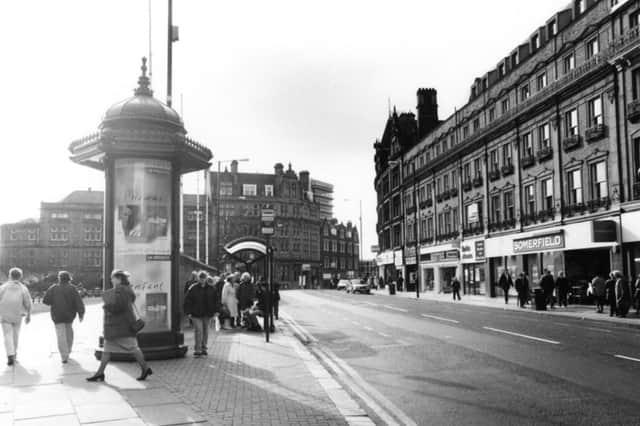 Somerfield supermarket on Pinstone Street, Sheffield city centre, in February 1997, with the Peace Gardens on the left
