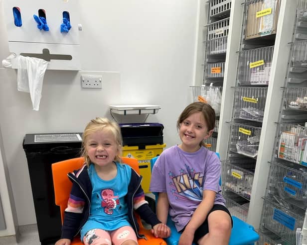 Mabel and Ruby Leaning at Sheffield Children's Hospital. Ruby was diagnosed with a rare blood cancer which is now in remission thanks to her little sister's lifesaving bone marrow donation.