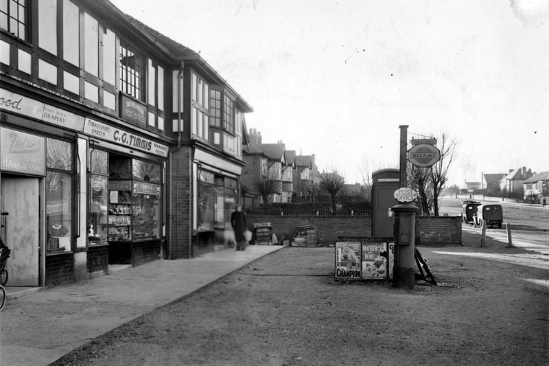 Sandhill Parade on Harrogate Road pictured in February 1952. The shops are Zeta's hairdressers, C.G. Timmis newsagents and post office and R.Wilson and Sons, fruiterers.