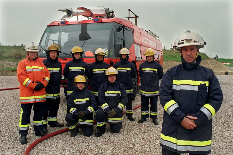 White Watch fire crew at the airport in May 1999. Pictured, from left, are Terry Dynan, Dougie Robson, Paul Crowe, Sam Clough, Jim Atkinson and Martin Hope. Middle, from left, are Darren Thawites and Alan Knox with Chris Formby senior fire officer in the forground.