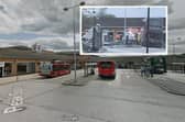 Crystal Peaks bus station, and (inset) the crash showing the bus and a demolished shelter