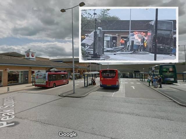 Crystal Peaks bus station, and (inset) the crash showing the bus and a demolished shelter