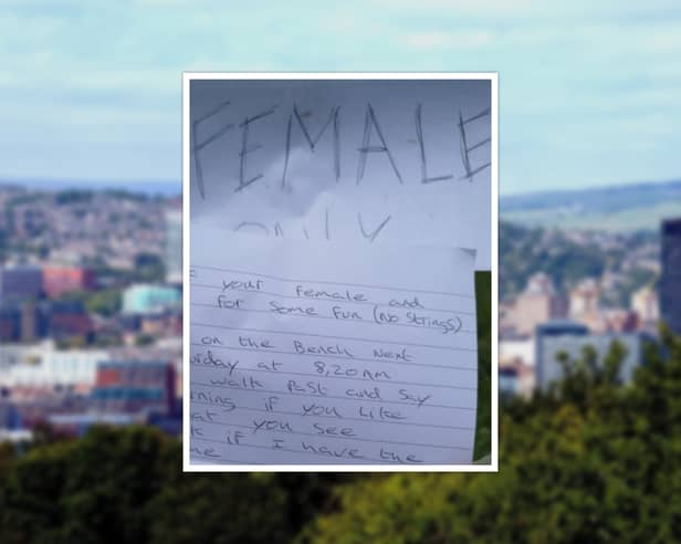 An anonymous note was left on a bench in Sheffield, addressed simply to 'female only'. Letter: instagram.com/mrryansampson