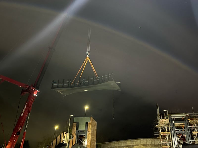 Part of the Garforth bridge deck being craned into place over the weekend.