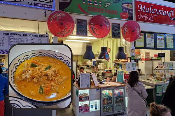 Lemongrass Thai Street Food, at the Moor Market, in Sheffield city centre, and, inset, the delicious crab meat red curry