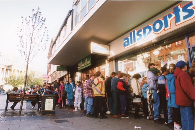 Fans queued outside Preston sport shop Allsports on Friargate for a chance to meet idols from hit TV show Gladiators in 1993.