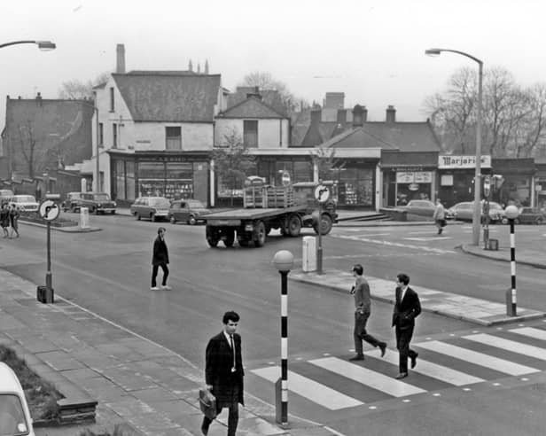 Brook Hill at the junction with Leavygreave/Hounsfield Road, in 1967, showing Alan B. Ward's bookshop, L. Hinchliffe hairdressers, and Marjorie's cafe