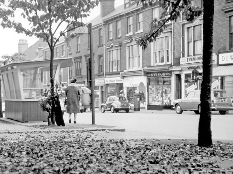 Fulwood Road, Broomhill, in October 1964, showing T. H. Woodhouse florist, Price and Co childrenswear, and Broomhill Post Office