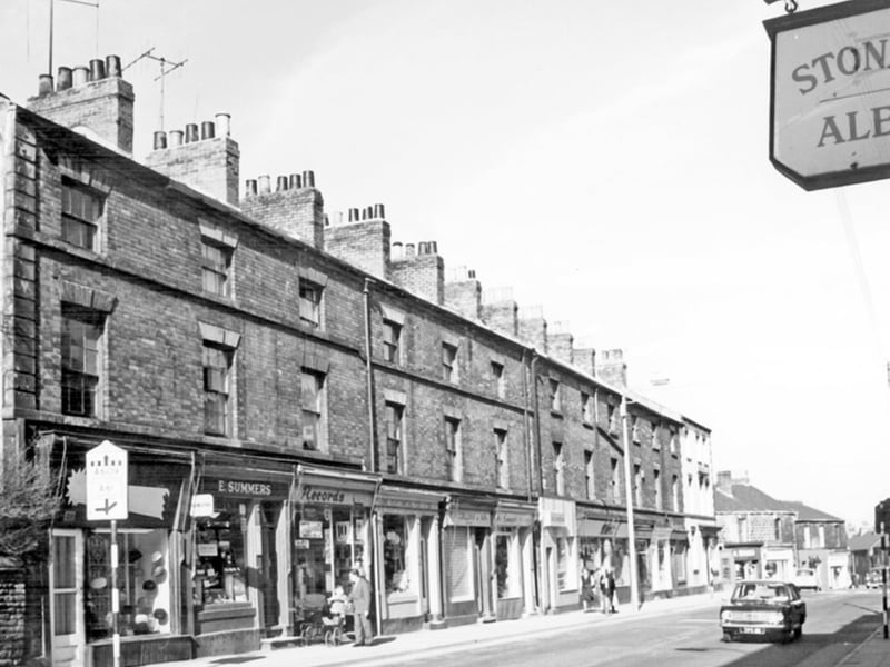 The north side of Fulwood Road, Broomhill, since demolished, in March 1965, showing Mrs. Ellen Summers tobacconist, Sine Electrical Co, and Percy W. Collins pastry cook