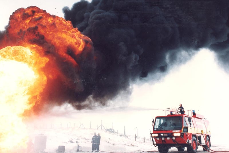 Leeds Bradford Airport's new fire and rescue vehicle was bring used to put out a controlled burn in February 1994.