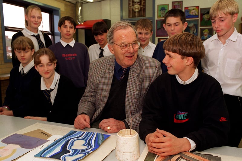 Lord Merlyn Rees meets pupils in the art department when he visited to open a new arts, technology and science block in October 1996.