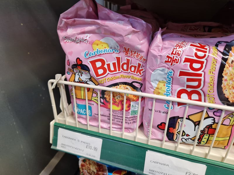 One of the best bargains here is the Carbonara Buldak Hot Chicken Flavour Ramen, priced £10.99