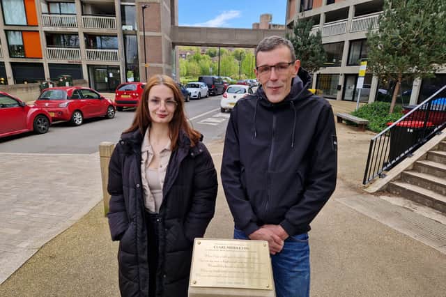 Jodie Ashworth, pictured here unveiling the plaque with Jason Lowe, believes her sister Clare Middleton would have loved the fact his graffiti proposal to her is still standing at Sheffield's Park Hill flats and is so widely known and loved
