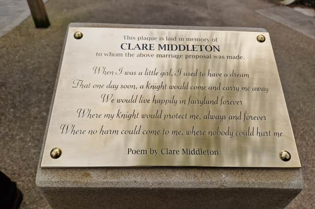 The plaque which has been unveiled in memory of Clare Middleton beneath Sheffield's Park Hill flats