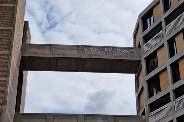 The I Love You Will U Marry Me graffiti proposal painted by Jason Lowe for Clare Middleton at Sheffield's Park Hill flats, as it looks today