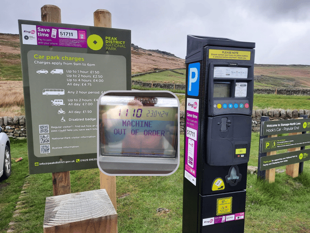 The new machine at Hook’s Car - also known as Stanage Popular End - was out of action allowing motorists to park all day for nothing.

